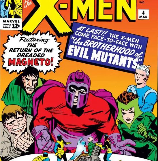 Scarlet Witch, Quicksilver, Mastermind, and the Brotherhood of Evil Mutants, from the cover of X-Men #4