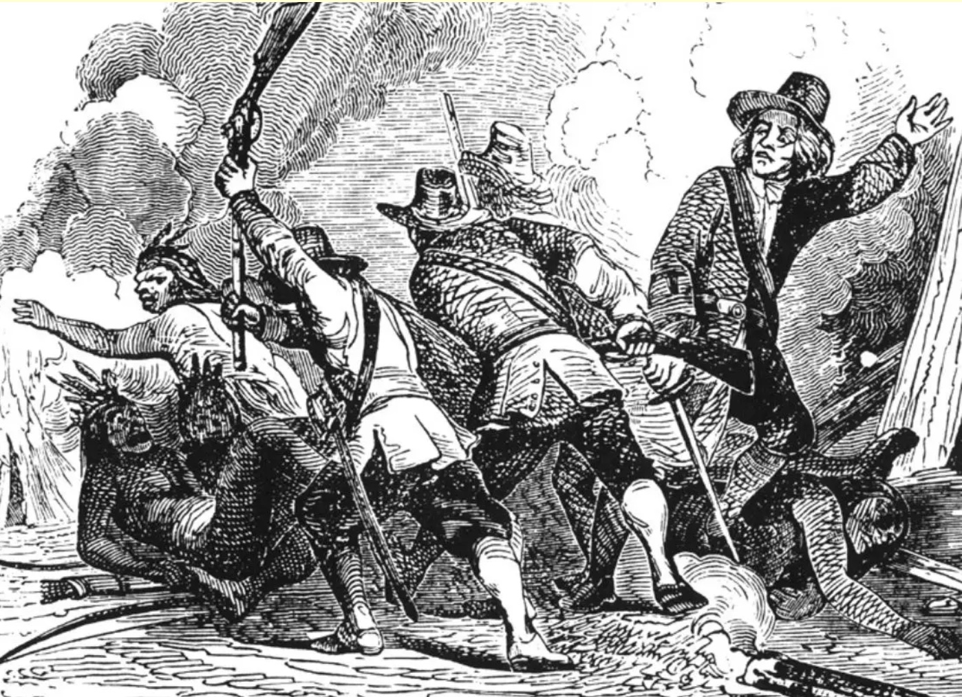 Engraving of English Puritans fighting Pequots