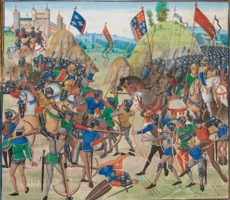 The Battle of Crecy in 1346, a major battle of the Hundred Year War.