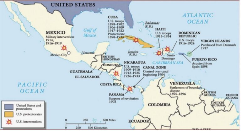 Map of U.S. Interventions in the Caribbean and Latin America